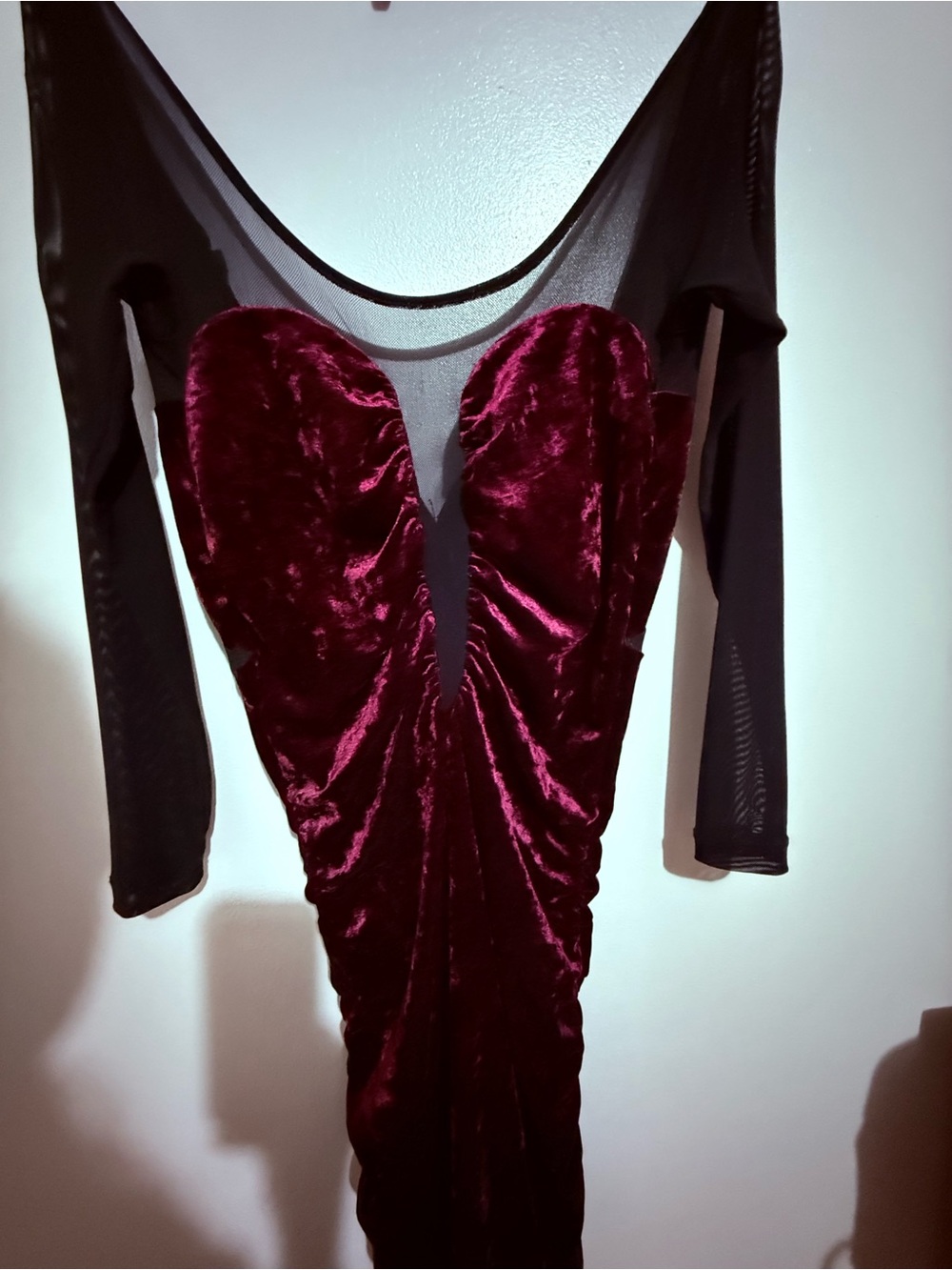 Arden B Burgundy Velvet Dress with Black Mesh Sleeves